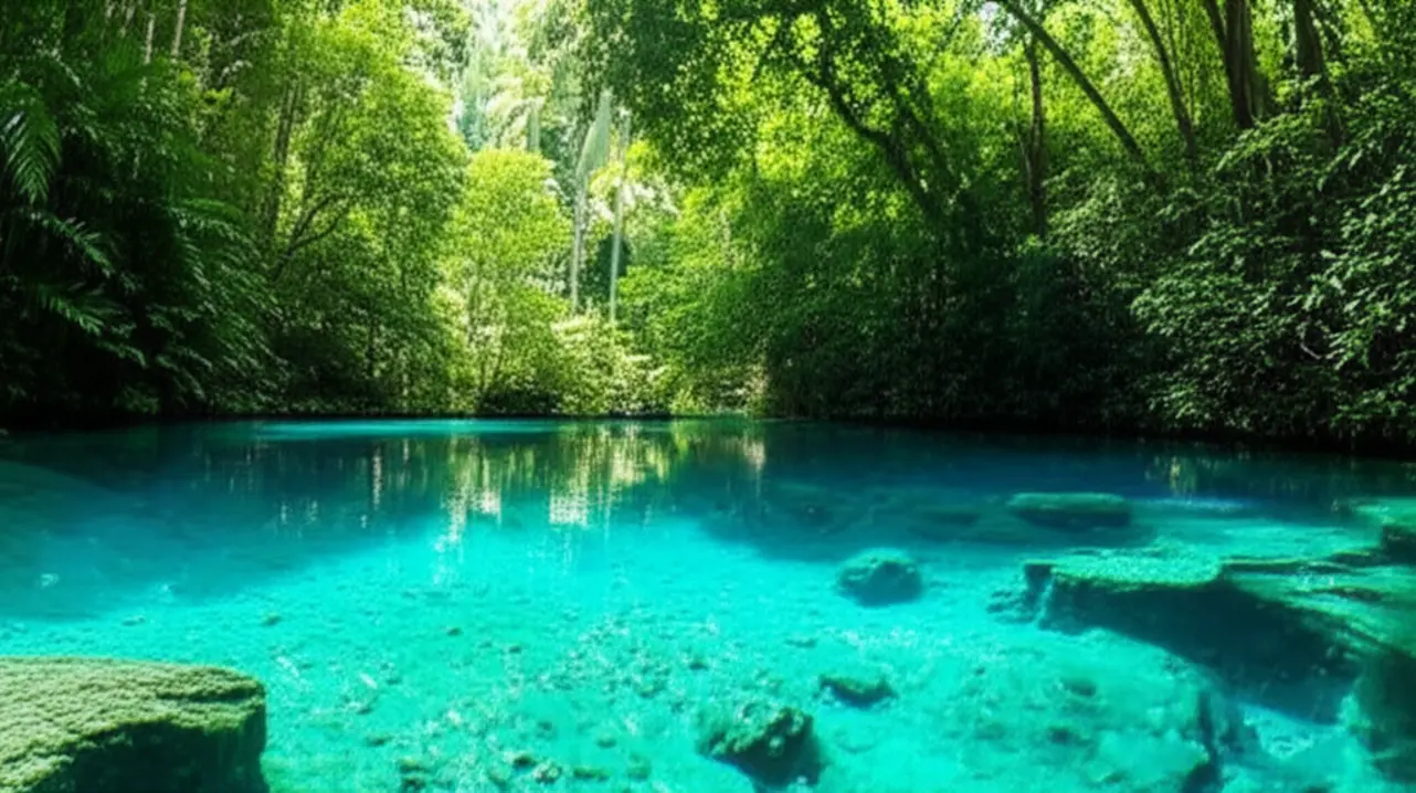 A deslumbrante Blue Lagoon em Port Vila com águas azul-turquesa cercada por vegetação tropical.