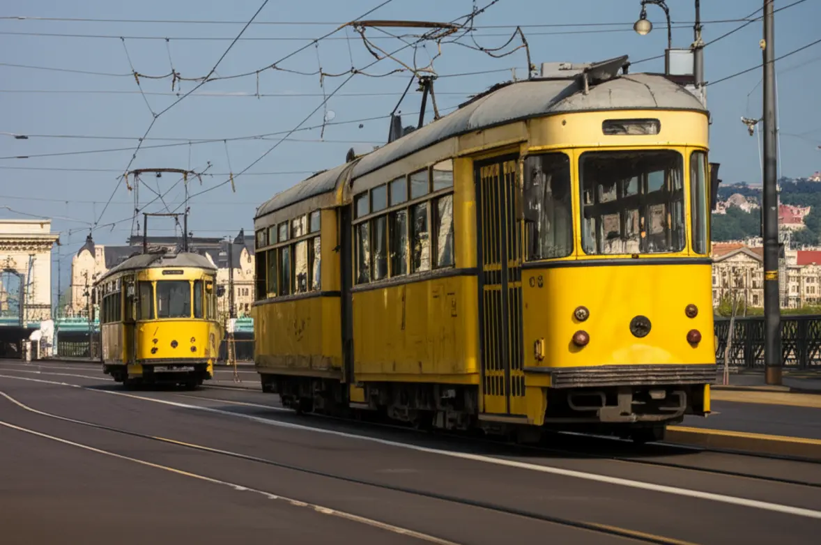 Bonde amarelo tradicional de Budapeste circulando ao lado do Rio Danúbio.