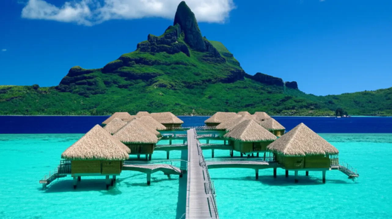 Vista icônica de Bora Bora com bangalôs e o Monte Otemanu.