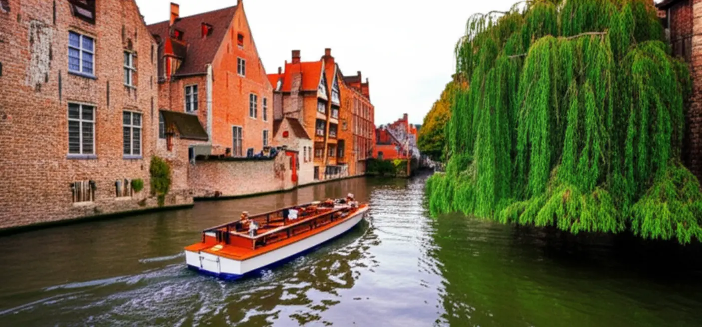 Fotografia de um canal em Bruges com casas medievais de tijolos vermelhos e barcos turísticos.