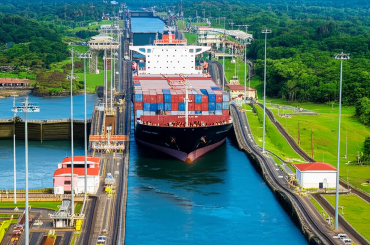 Navio de carga atravessando as eclusas do Canal do Panamá com águas azuis e vegetação tropical ao fundo.