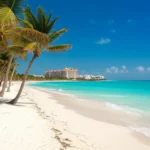 Vista panorâmica paradisíaca de uma praia em Cancún com mar azul-turquesa.
