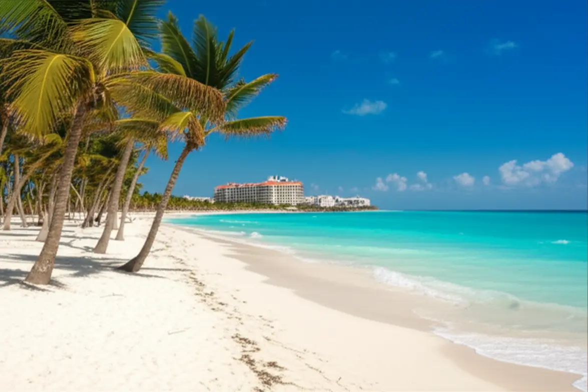 Vista panorâmica paradisíaca de uma praia em Cancún com mar azul-turquesa.