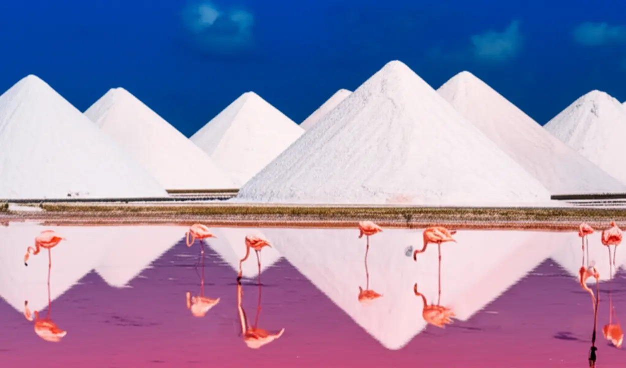 Paisagem icônica de Bonaire com flamingos cor-de-rosa e montanhas de sal brancas ao fundo.