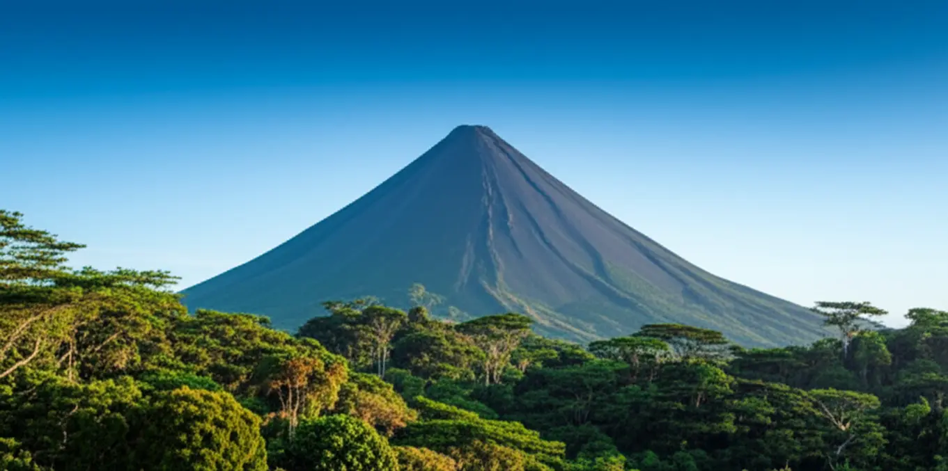 Vulcão Arenal com seu formato cônico perfeito sob um céu limpo, cercado por floresta tropical em La Fortuna, Costa Rica.