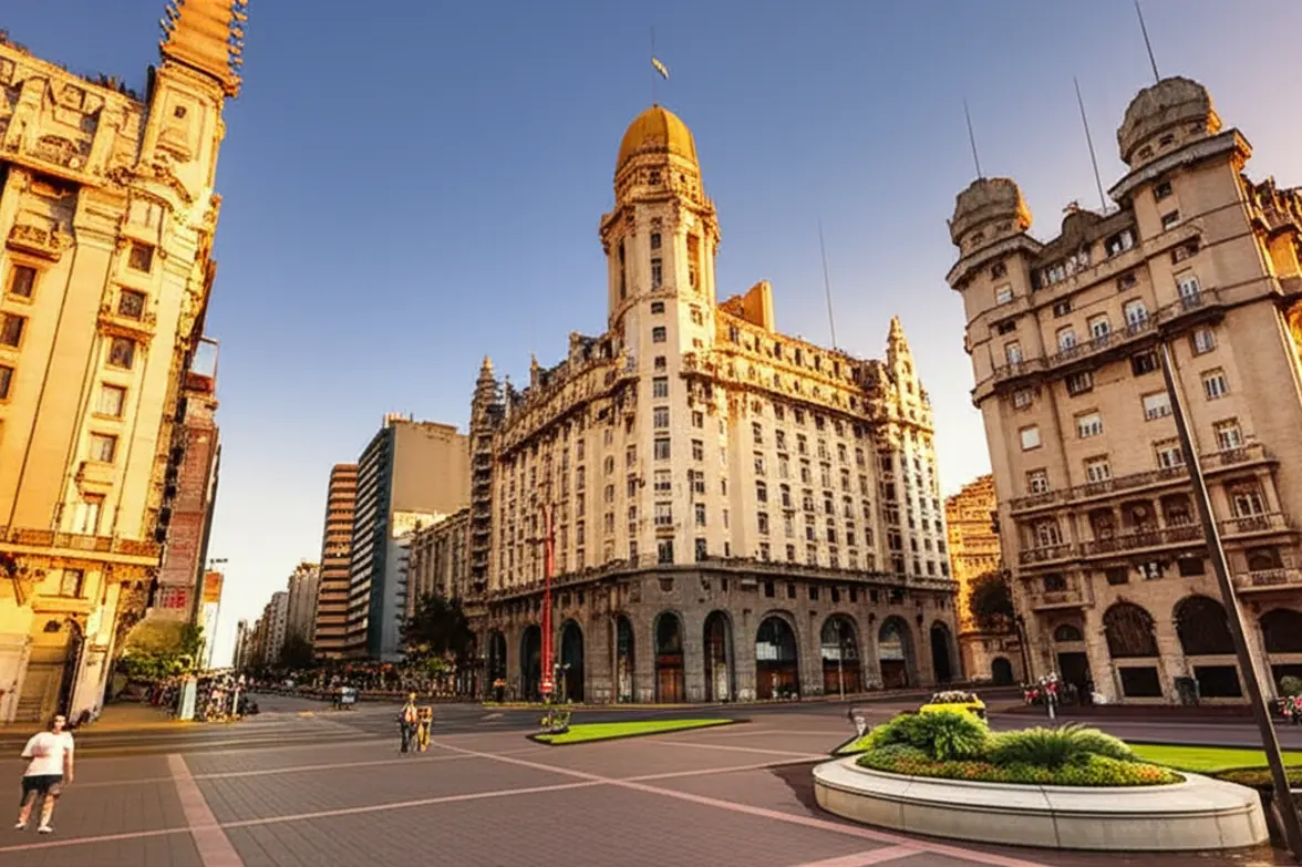 Fachada do Palacio Salvo e Plaza Independencia em Montevidéu durante o pôr do sol.