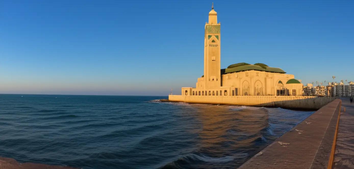 Vista panorâmica da Mesquita Hassan II em Casablanca, Marrocos, junto ao mar.