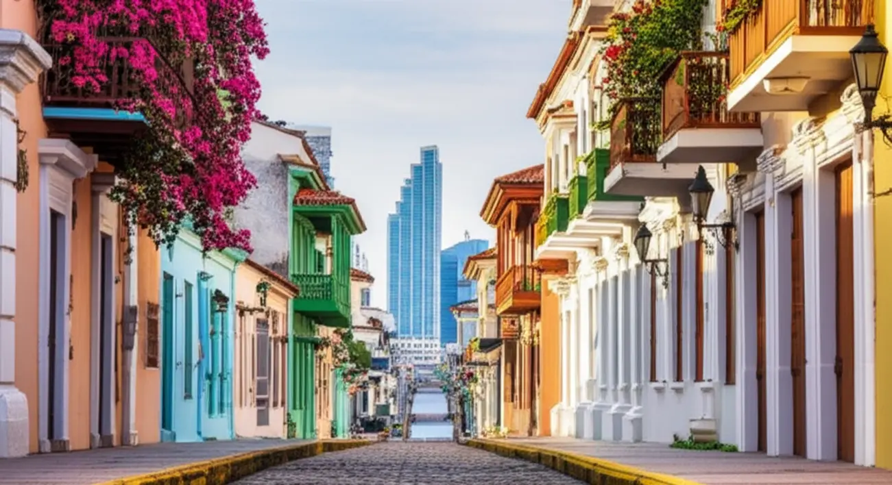 Rua de paralelepípedos no Casco Viejo com prédios coloniais coloridos e o skyline moderno ao fundo.