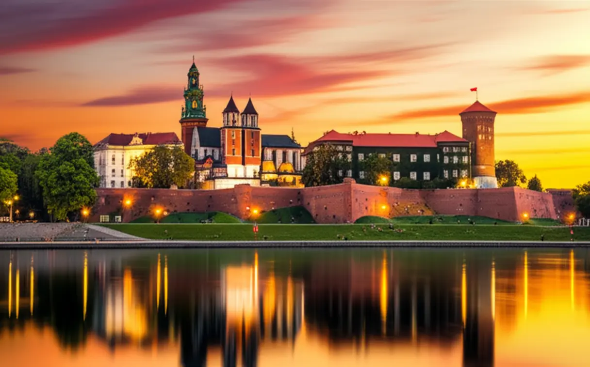 O Castelo Real de Wawel em Cracóvia sob a luz do pôr do sol.