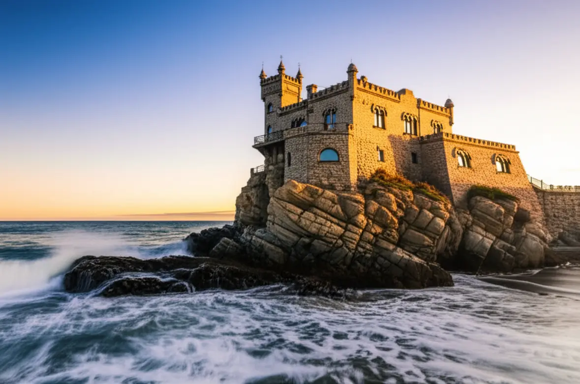 Castelo histórico Wulff sobre as rochas à beira-mar em Viña del Mar.