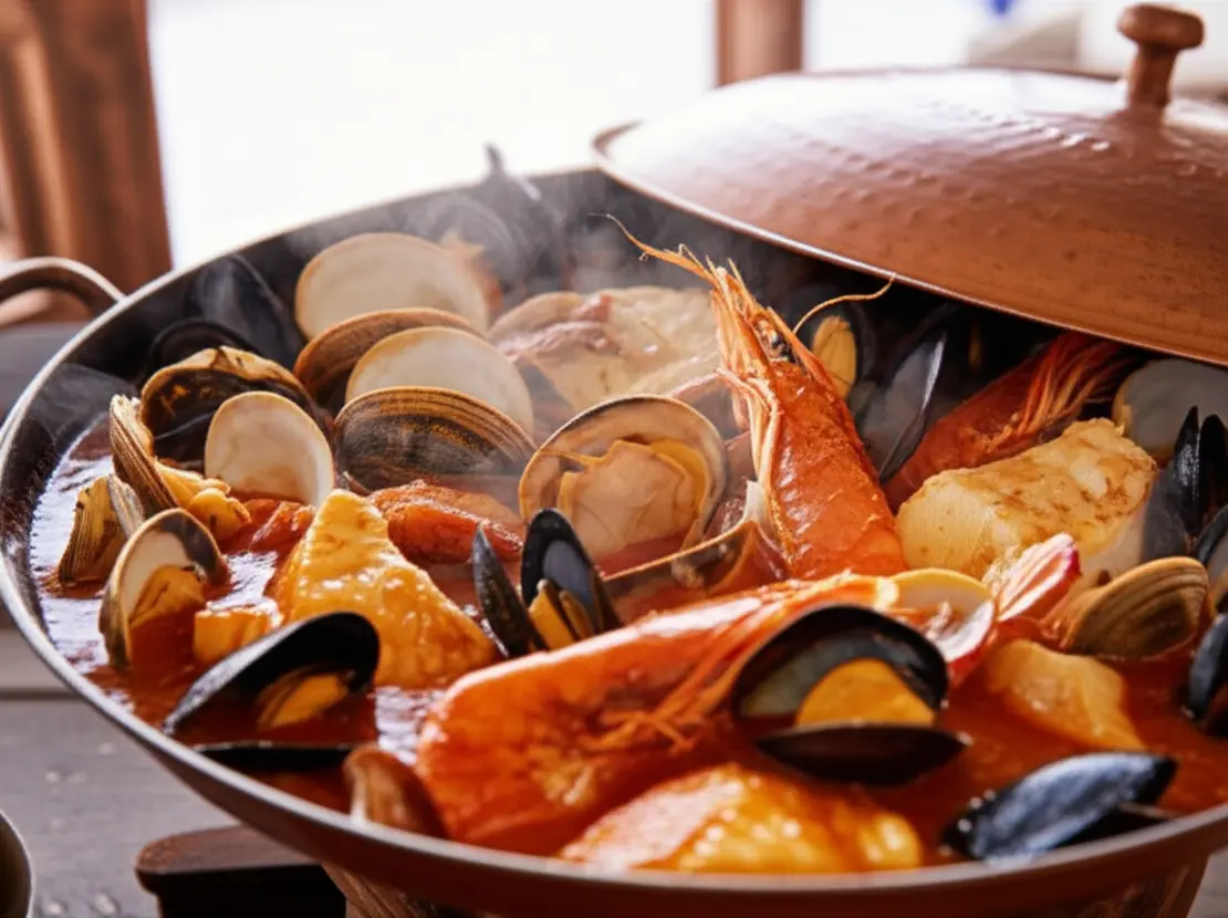 Uma cataplana de cobre aberta servindo um rico ensopado de frutos do mar.