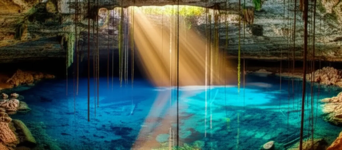 Turista nadando em um cenote iluminado por raios de sol em Cancún.