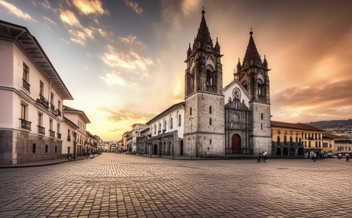 Praça de São Francisco em Quito com arquitetura colonial espanhola sob o pôr do sol.