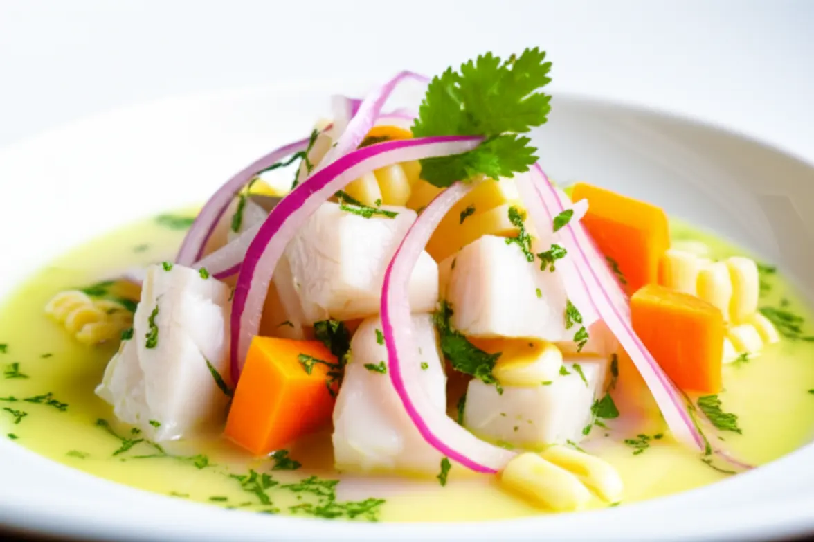 Close-up de um prato de ceviche peruano tradicional com peixe fresco.