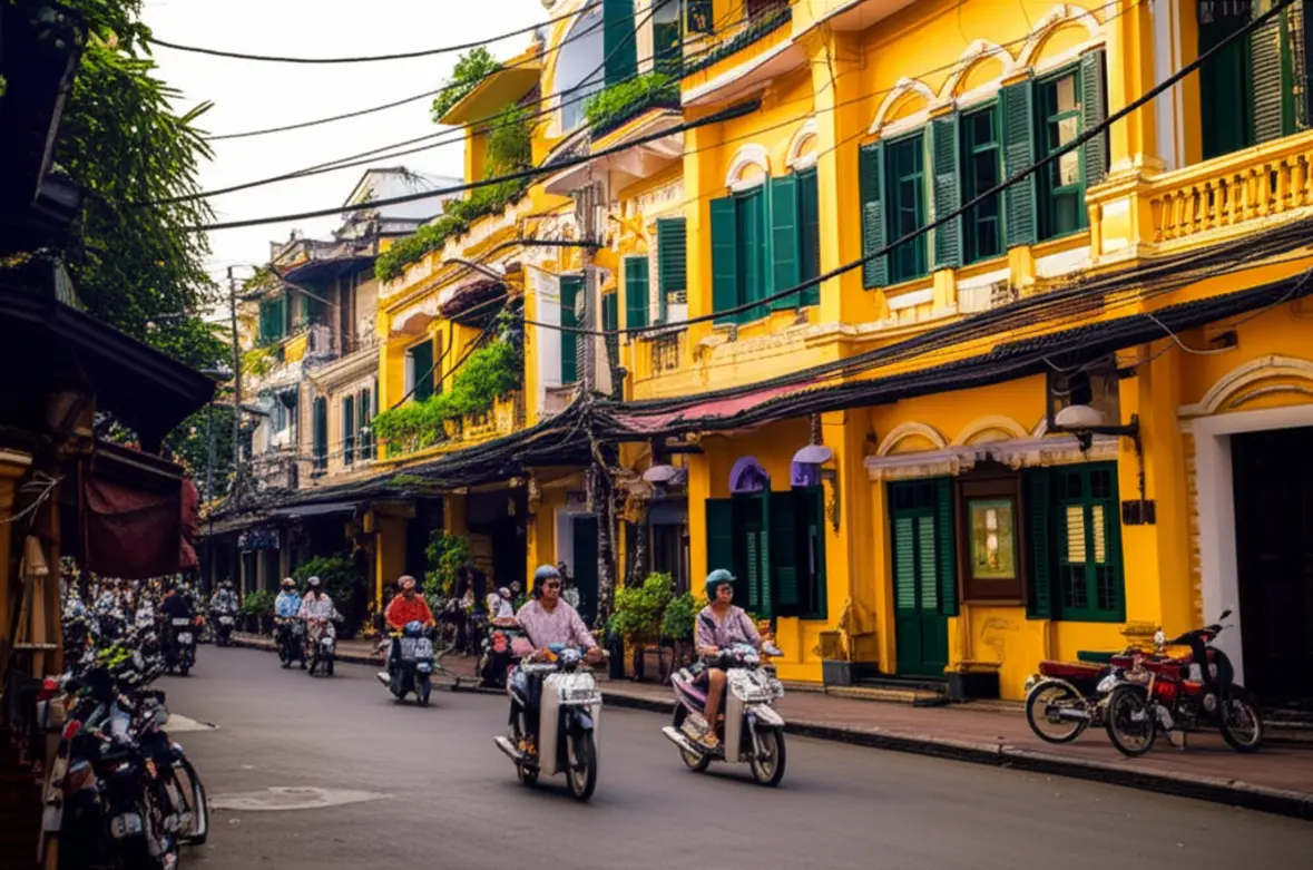 Rua movimentada no Bairro Antigo de Hanói com arquitetura colonial amarela.