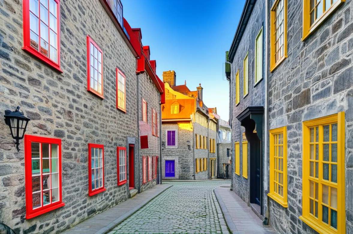 Rua de pedra charmosa no centro histórico de Vieux-Québec evidenciando a arquitetura colonial francesa.