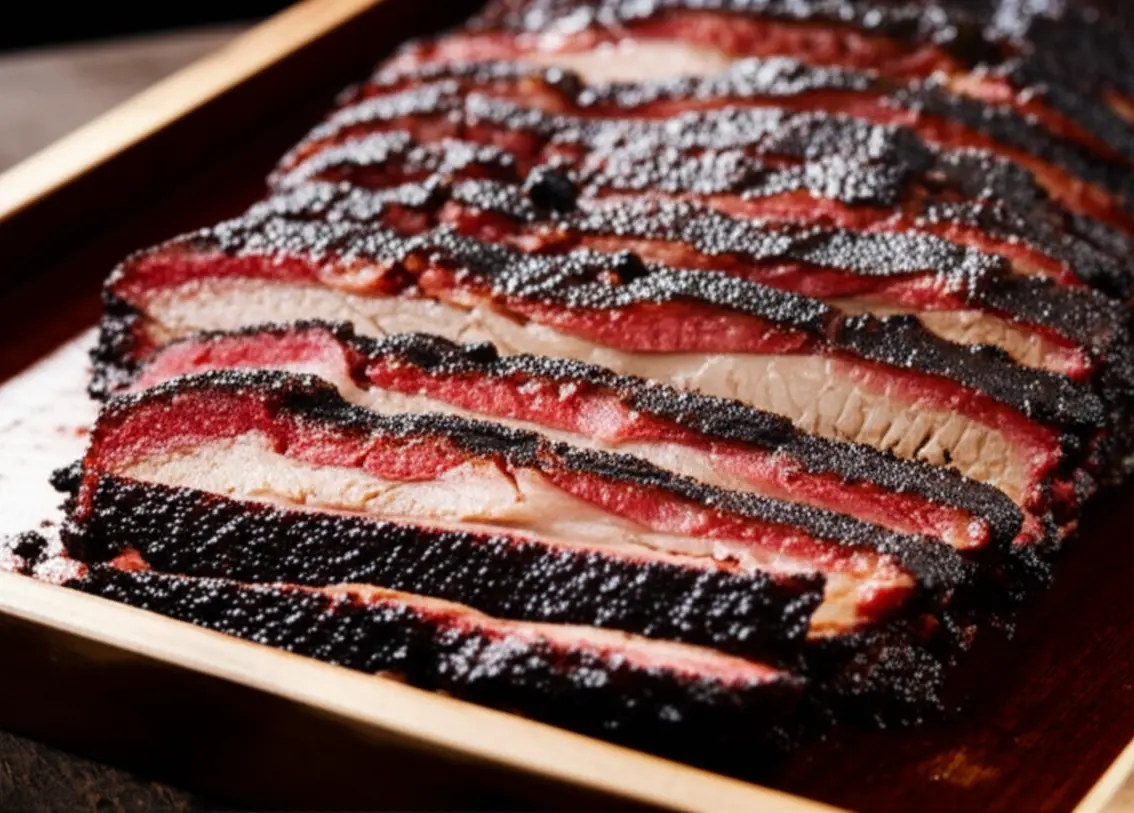 Prato de churrasco texano com brisket defumado e acompanhamentos.