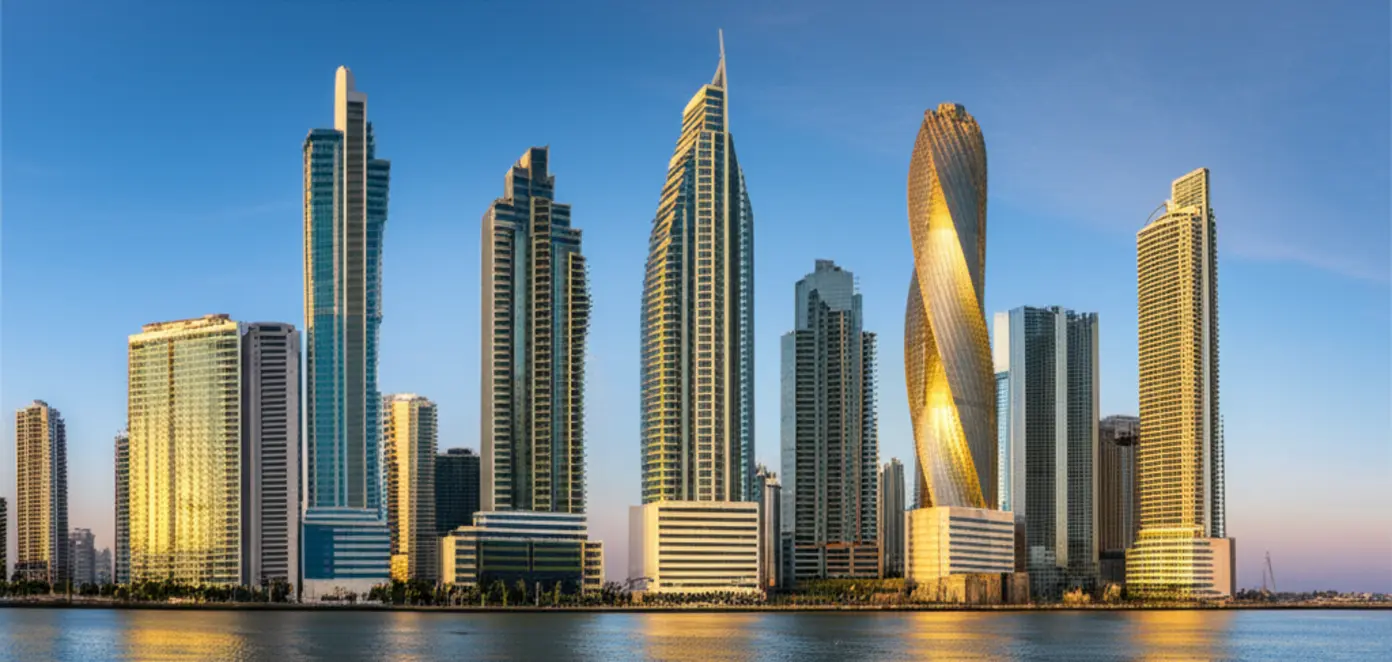 Panorama da Cidade do Panamá mostrando os arranha-céus modernos da Avenida Balboa ao entardecer.