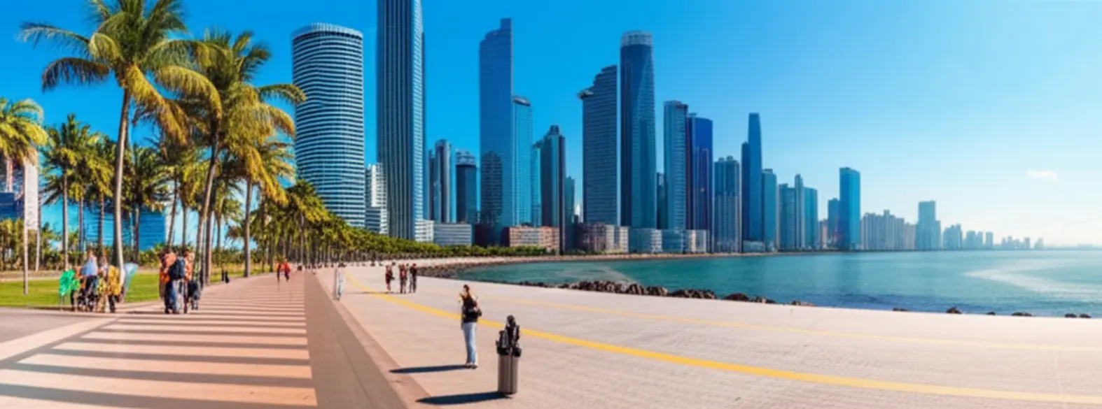 Pessoas caminhando e andando de bicicleta na Cinta Costera com os arranha-céus da Avenida Balboa.