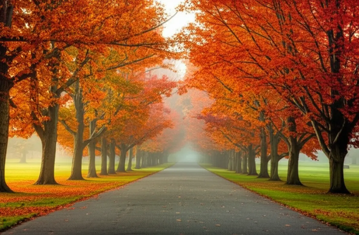 Caminho ladeado por árvores com folhas douradas e vermelhas no Hagley Park durante o outono.