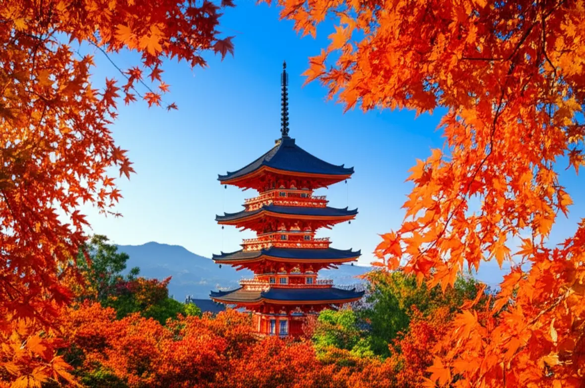 Pagode de cinco andares do Templo Kofukuji cercado por folhas vermelhas de outono.