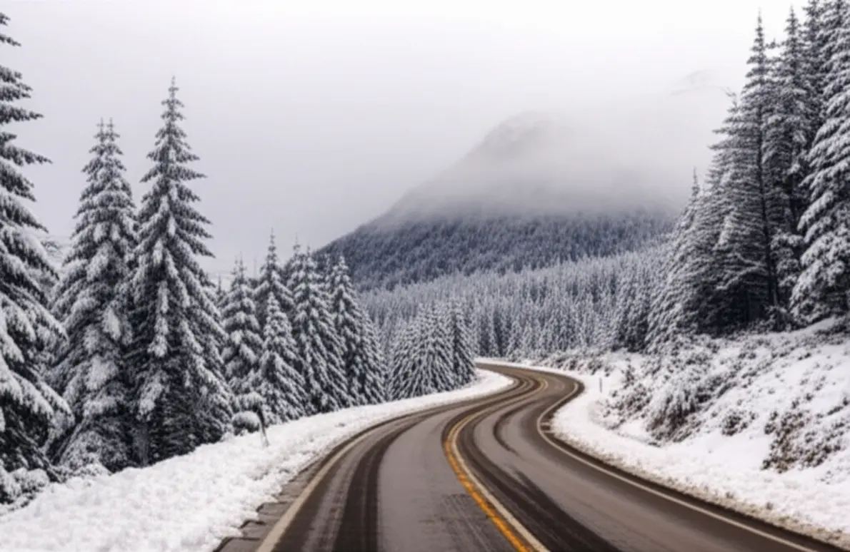 Estrada com neve na Rota dos Sete Lagos, Bariloche, Argentina.