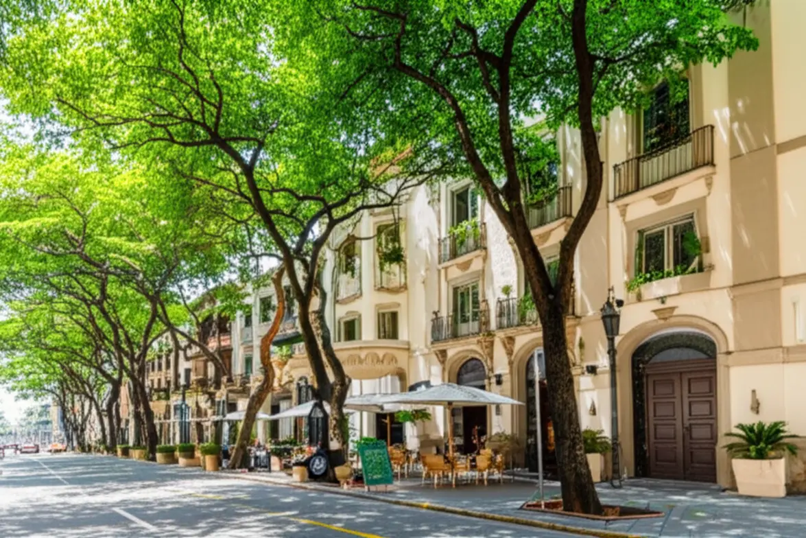 Rua arborizada no bairro Colonia Americana em Guadalajara.