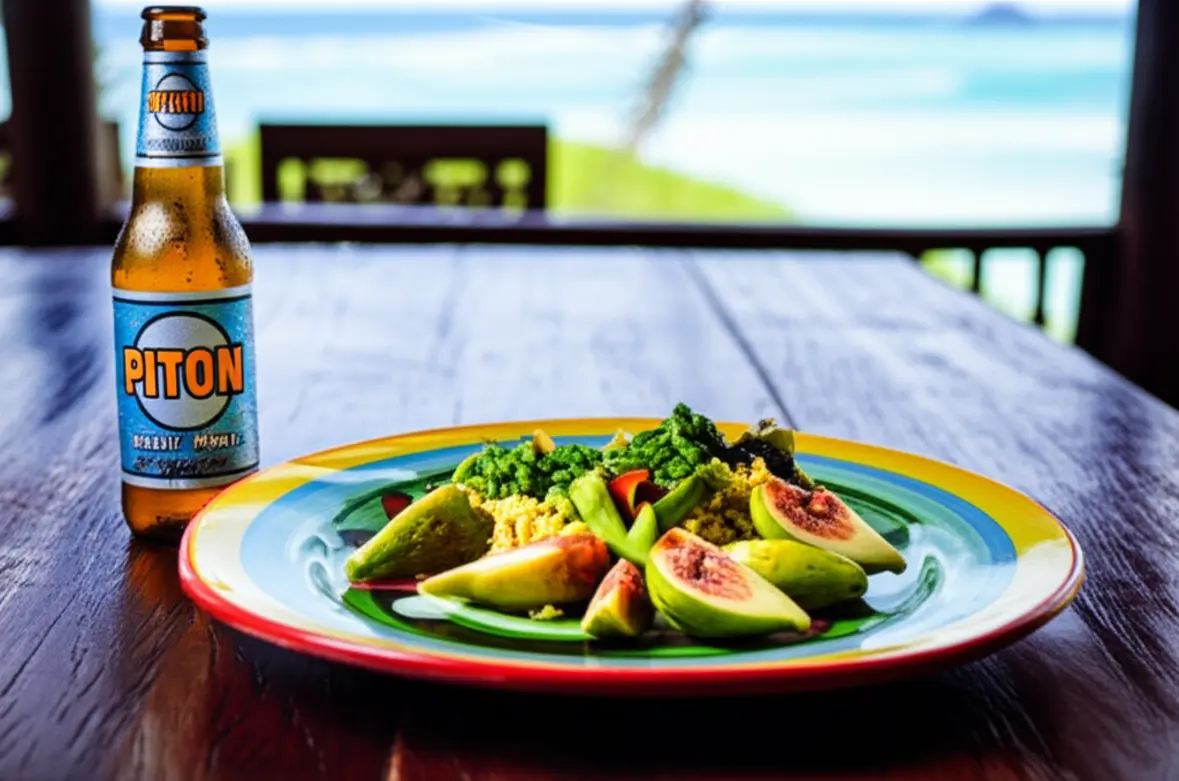 Prato típico de Santa Lúcia: Green Figs and Salt Fish com uma cerveja Piton ao lado.