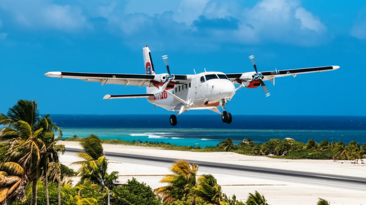 Um pequeno avião monomotor sobrevoando o mar azul de Belize próximo a uma pista de pouso tropical.
