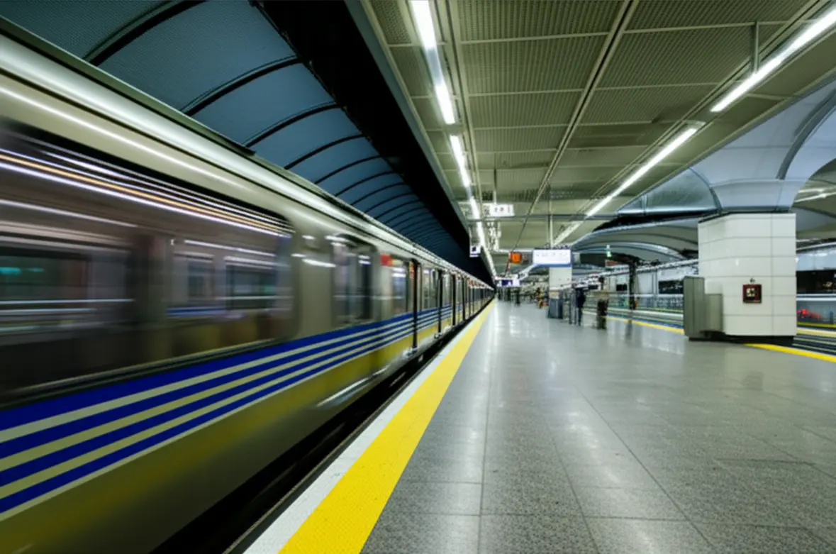 Plataforma moderna e limpa do Metrô de Santiago com trem chegando.