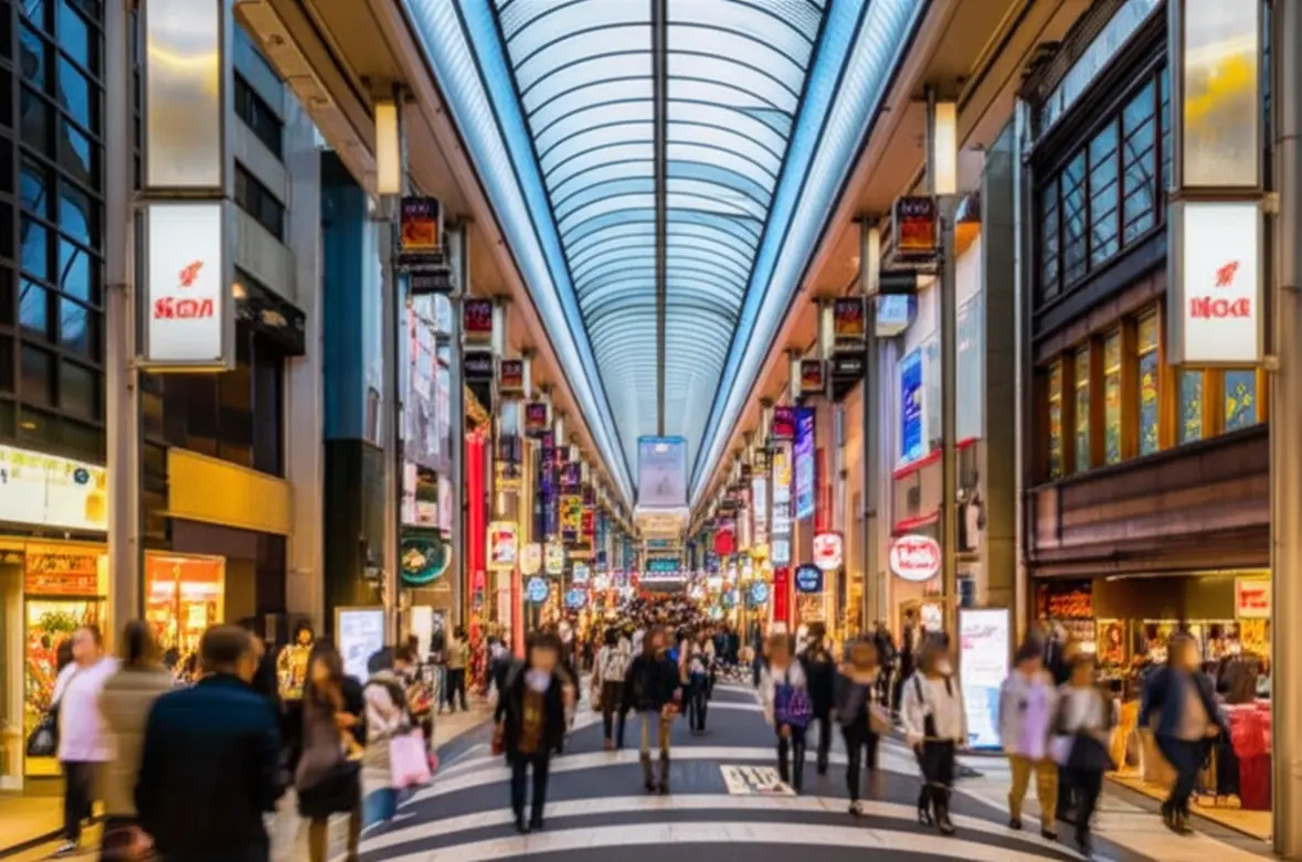 Galeria comercial movimentada e iluminada de Shinsaibashi em Osaka.