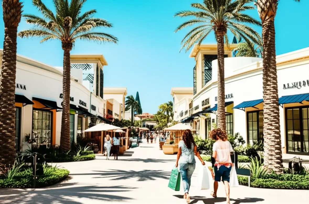 Pessoas caminhando com sacolas de compras em um shopping de luxo ao ar livre em Miami.