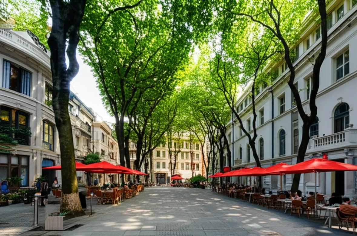Uma rua arborizada na Antiga Concessão Francesa em Xangai com cafés charmosos.