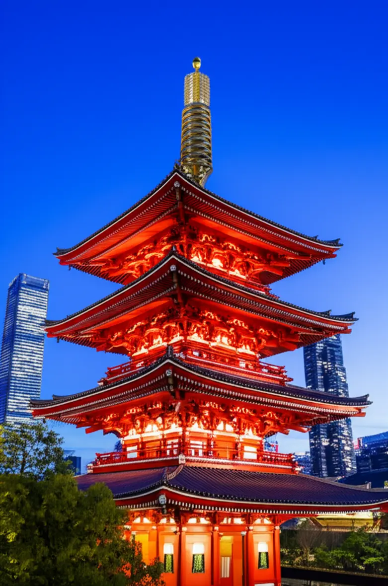 Templo tradicional japonês Senso-ji com arquitetura moderna ao fundo em Tóquio.