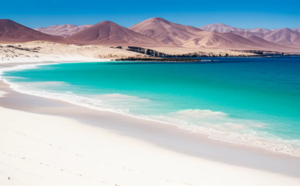 Vista panorâmica de Bahía Inglesa com águas turquesas e montanhas desérticas ao fundo.