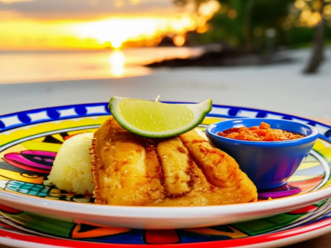 Prato típico de Barbados com peixe voador e cou-cou.