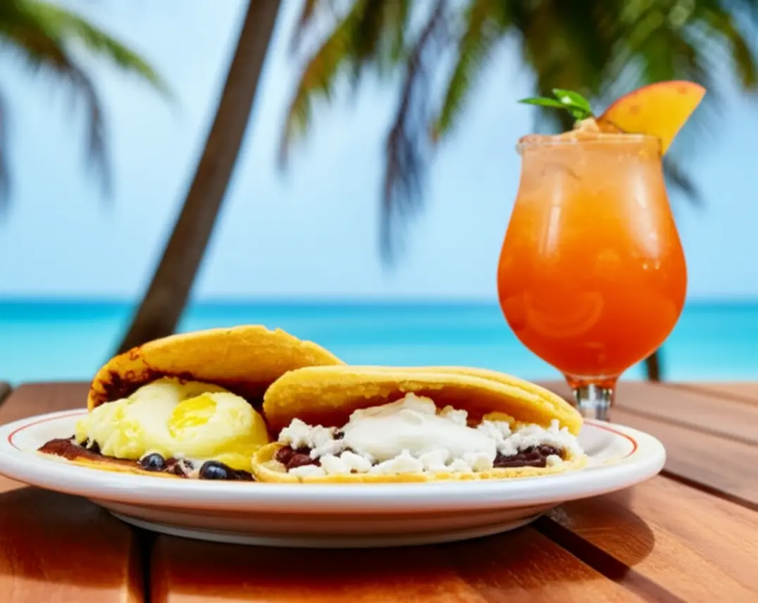Prato de baleadas hondurenhas e um drink Monkey Lala em uma mesa de praia.