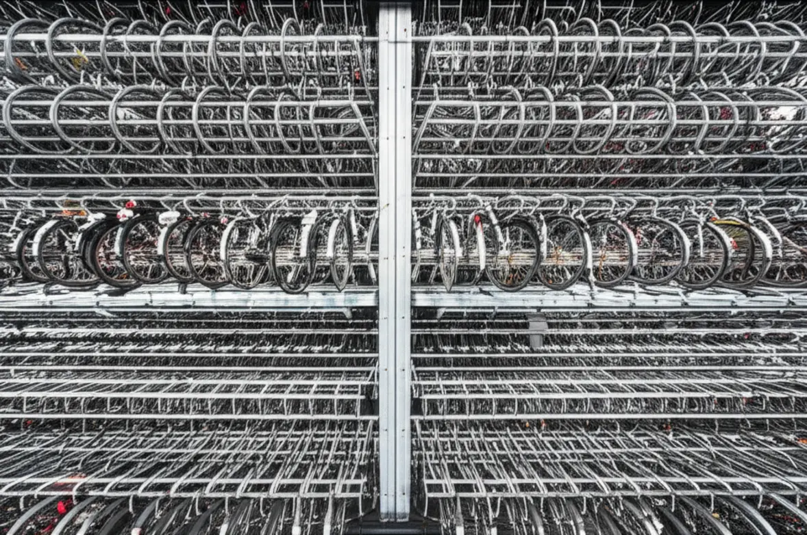 Milhares de bicicletas estacionadas em racks modernos em Amsterdã.