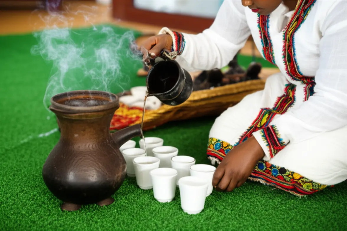 Mulher etíope realizando a tradicional cerimônia do café com uma jarra de barro preta chamada Jebena.