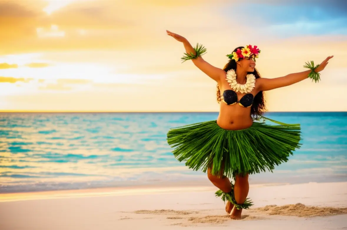Dançarina taitiana realizando o Ori Tahiti em uma praia ao pôr do sol.