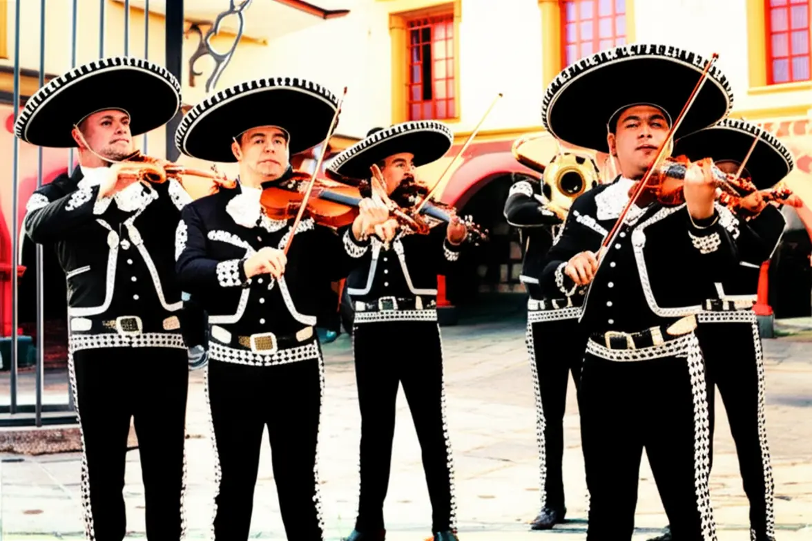 Mariachis tocando música tradicional em uma praça histórica de Guadalajara.