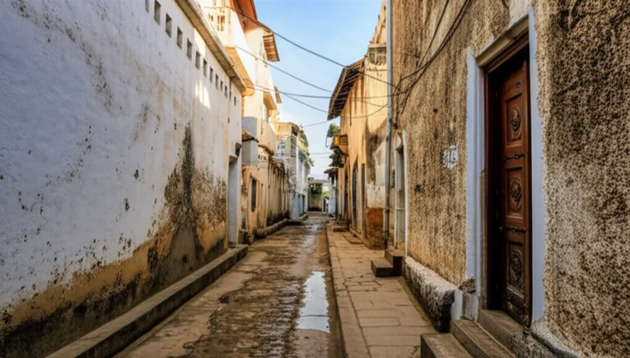 Rua histórica de Stone Town com portas de madeira entalhada.
