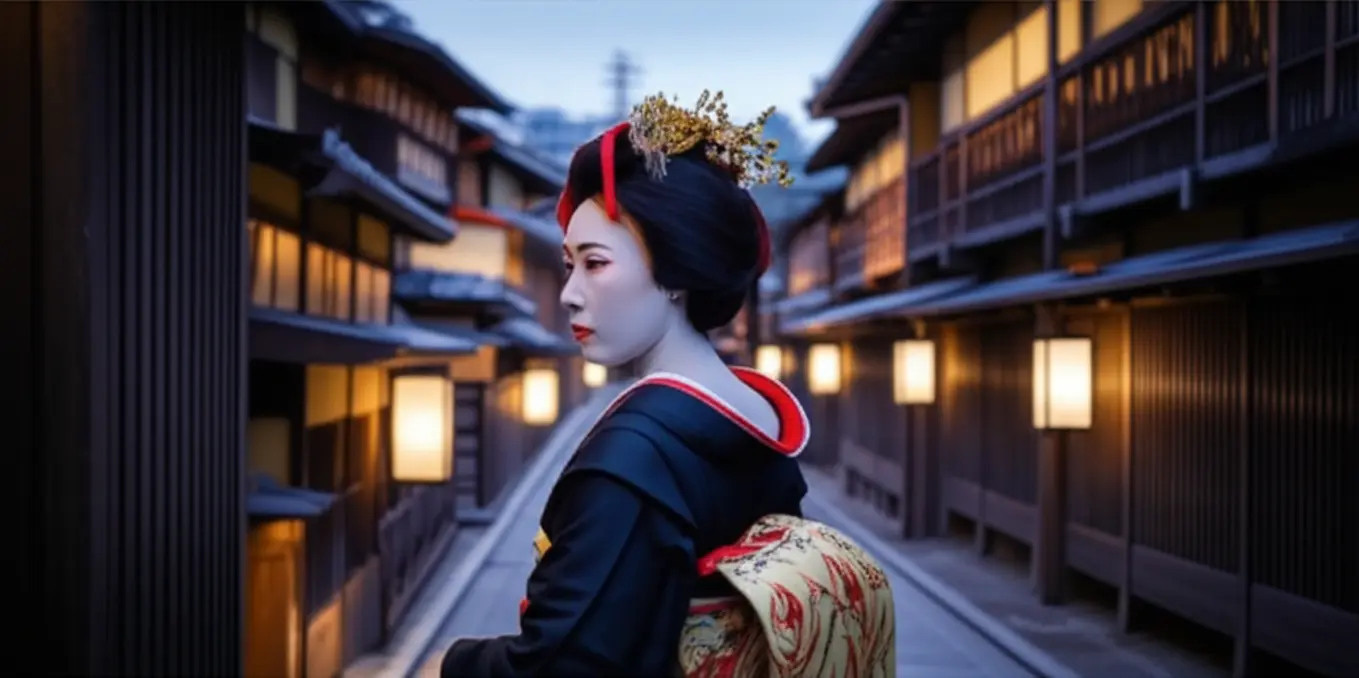 Uma Geiko caminhando pelas ruas históricas de Gion em Quioto ao entardecer.