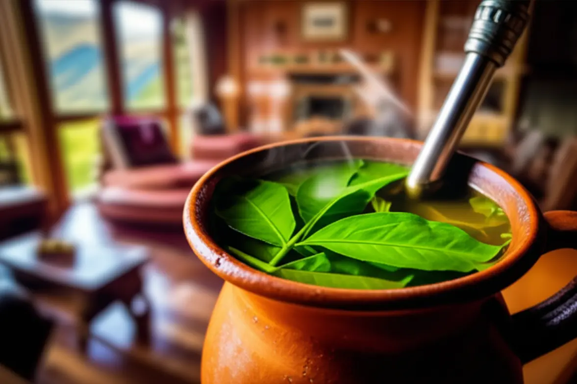 Xícara de chá de coca com folhas verdes para evitar o mal de altitude.