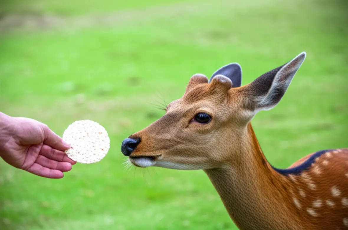 Mão humana alimentando um cervo com biscoito de arroz especial no Parque de Nara.