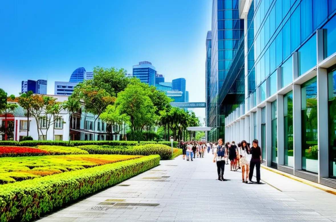 Rua de compras luxuosa e extremamente limpa em Singapura com árvores e prédios modernos.