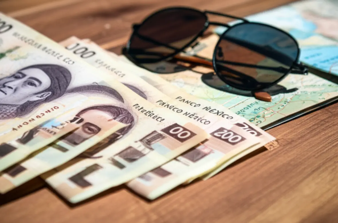Cédulas de Pesos Mexicanos sobre uma mesa de madeira com óculos de sol, representando economia de viagem.