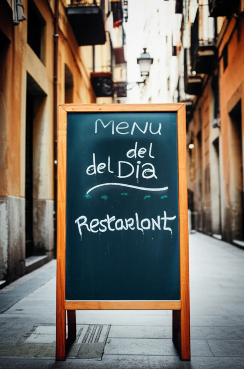 Lousa de giz anunciando o Menu del Dia em um restaurante local.