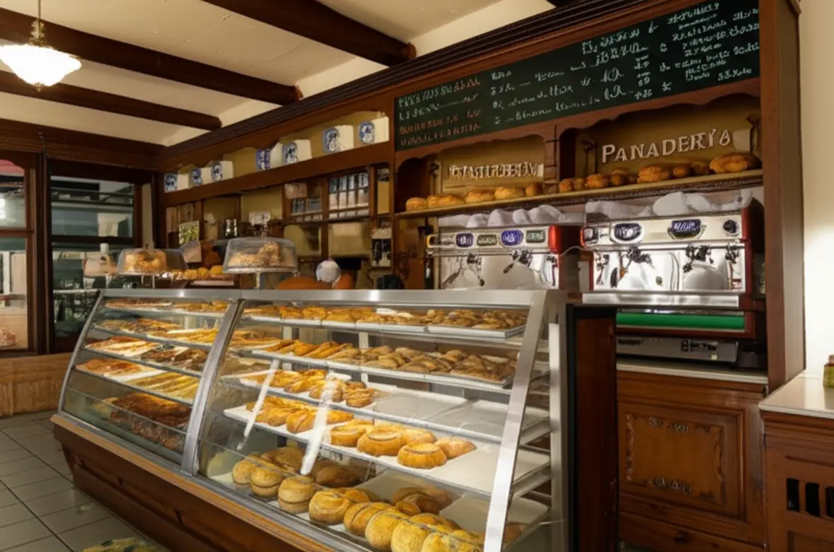 Interior de uma padaria tradicional porto-riquenha com pães e doces.