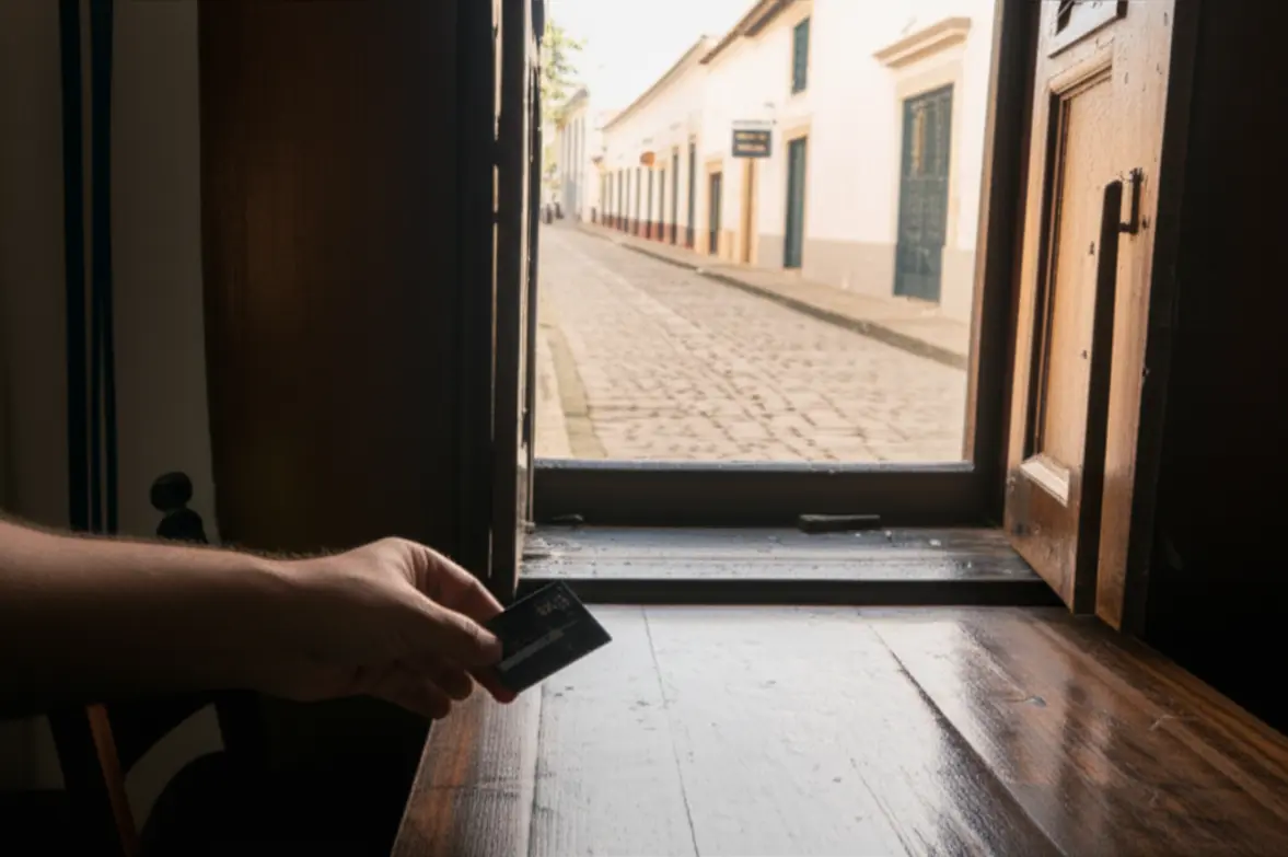 Cartão de crédito sobre mesa de madeira em restaurante colonial seguro.